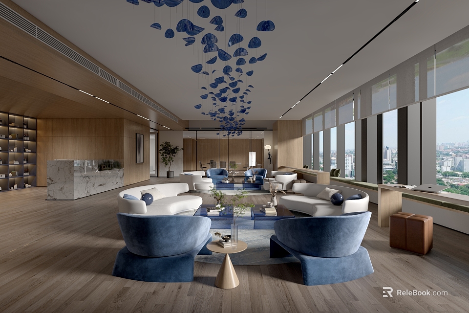 Modern Elegant Leisure Area With Blue Chairs Pendant Lights And Wooden Flooring 3d model 