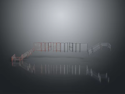 Scenic Landscape With Modern Red And Silver Metal Railings On Gray Background Featuring Reflection 3d model
