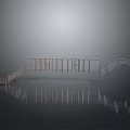 Scenic Landscape With Modern Red And Silver Metal Railings On Gray Background Featuring Reflection