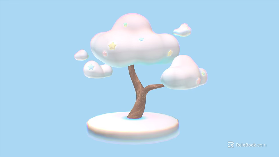 Cartoon Scene With Cloud Shaped Tree Canopy And Star Decorations On Light Blue Background 3d model 