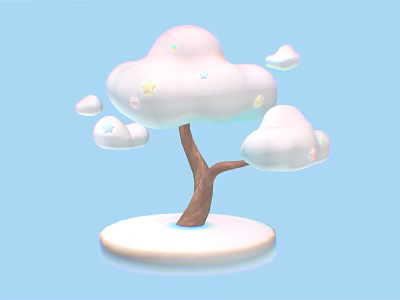 Cartoon Scene With Cloud Shaped Tree Canopy And Star Decorations On Light Blue Background 3d model