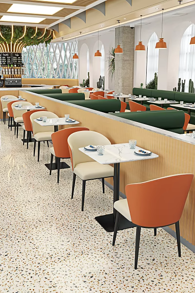 Modern Restaurant Interior With Orange Beige Chairs Marble Tabletops And Green Booth Seats 3d model