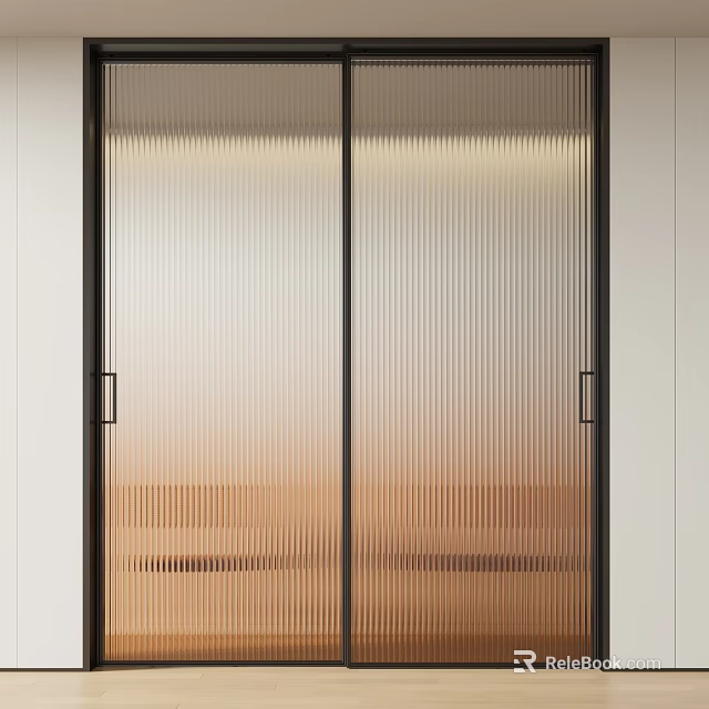 Modern Interior Sliding Doors Design With Ribbed Glass Black Frame And Light Filtering Effect 3d model 