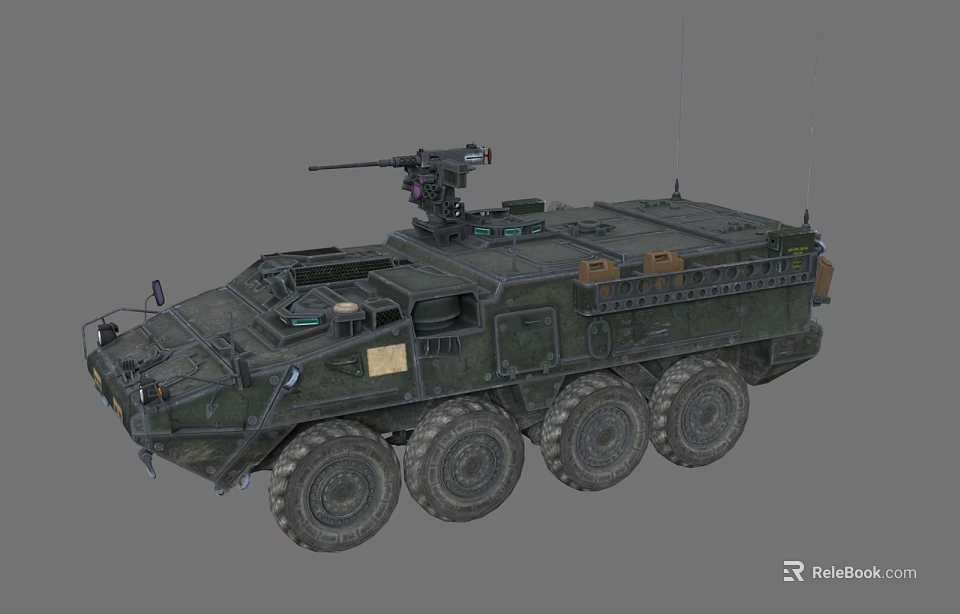 Military Green Armored Tank With Eight Wheels Mounted Weapon And Storage Boxes 3d model 