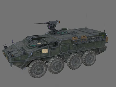 Military Green Armored Tank With Eight Wheels Mounted Weapon And Storage Boxes 3d model