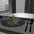 Elegant Dinnerware Set With Plates Cutlery Wine Glasses And Green Leaves On Dining Table