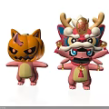 Cute Pink Cartoon Characters With Pumpkin And Lion Dance Inspired Design