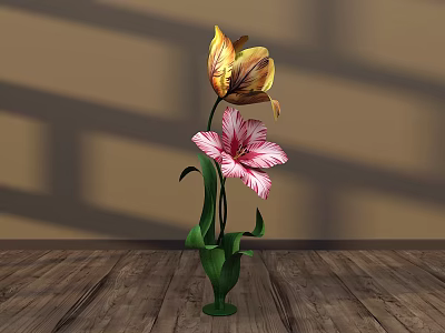 Floral Display with Yellow Tulip and Pink Striped Flower in Green Vase on Wooden Floor 3d model