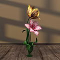 Floral Display with Yellow Tulip and Pink Striped Flower in Green Vase on Wooden Floor