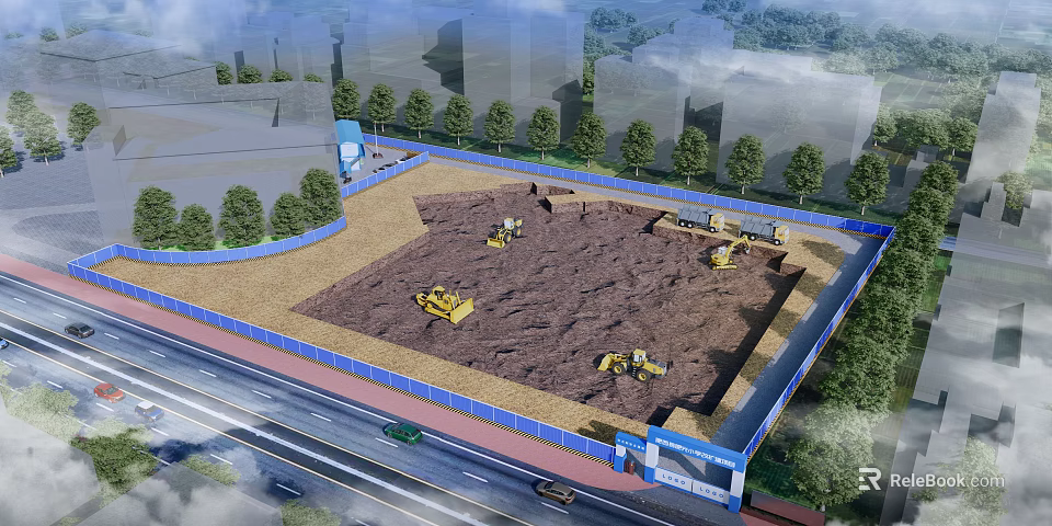 Road Infrastructure Construction Site With Blue Fencing Machinery And Trees 3d model 