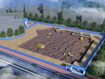 Road Infrastructure Construction Site With Blue Fencing Machinery And Trees 3d model