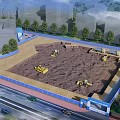 Road Infrastructure Construction Site With Blue Fencing Machinery And Trees