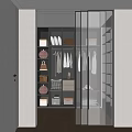 Modern Closet Interior With Glass Doors Hanging Clothes And Storage Shelves