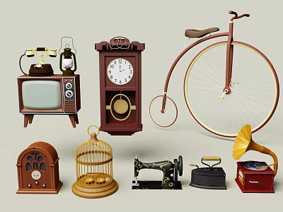 Vintage Furniture And Home Decor Collection With Clock Bicycle Sewing Machine Phonograph 3d model