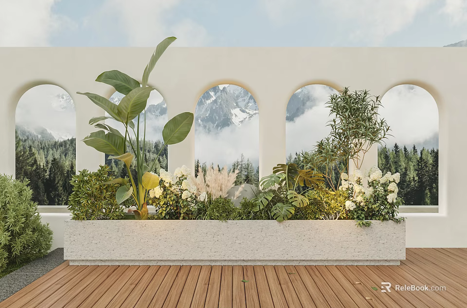 Outdoor Deck With Planter Greenery And Mountain View Through Arch Windows 3d model