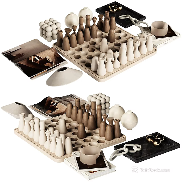 Modern Minimalist Decorative Ornaments Set With Brown White Figurines And Wooden Trays 3d model 