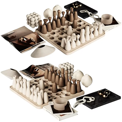 Modern Minimalist Decorative Ornaments Set With Brown White Figurines And Wooden Trays 3d model