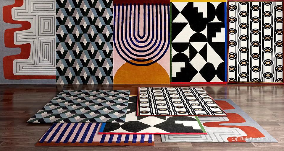 Modern Square Rugs With Various Geometric Patterns And Colorful Stylish Designs 3d model