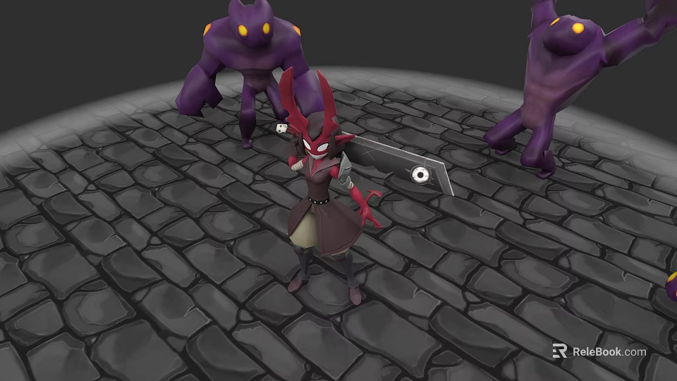 Game Movie Character Wielding Large Sword With Purple Monsters On Stone Brick Ground 3d model 