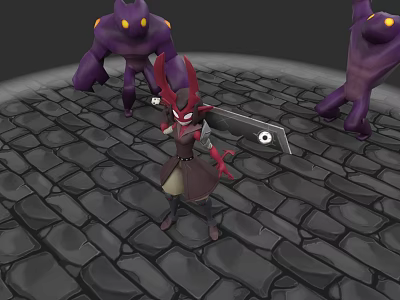 Game Movie Character Wielding Large Sword With Purple Monsters On Stone Brick Ground 3d model