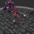 Game Movie Character Wielding Large Sword With Purple Monsters On Stone Brick Ground
