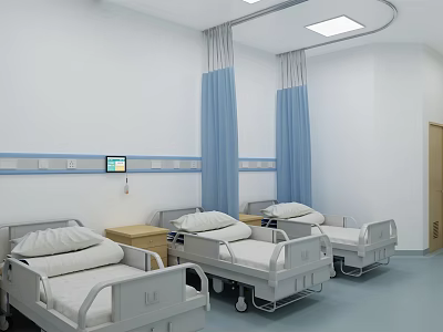 Spacious Hospital Room Interior With Multiple Beds Blue Curtains And White Walls 3d model