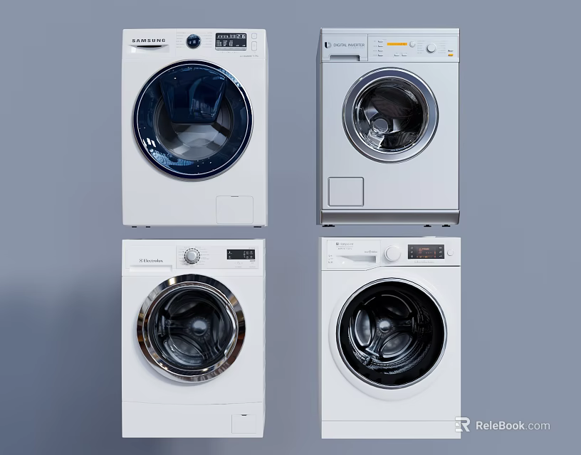 White Front Load Washing Machines With Different Models Design And Features 3d model 