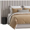 Modern Double Bed With Striped Headboard Beige Quilt And Multiple Pillows 3d model