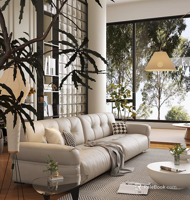 Modern Living Room Interior Design With White Sofa Pillows Blanket Large Plants And Floor To Ceiling Windows 3d model 