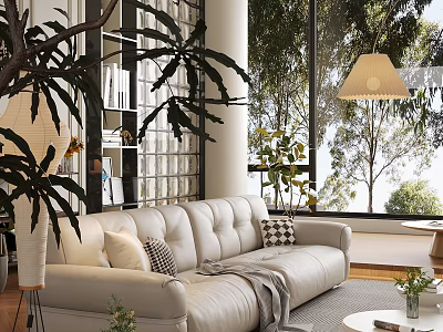 Modern Living Room Interior Design With White Sofa Pillows Blanket Large Plants And Floor To Ceiling Windows 3d model