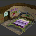 Whimsical Room Interior With Wooden Branch Bed Frame And Graffiti Walls