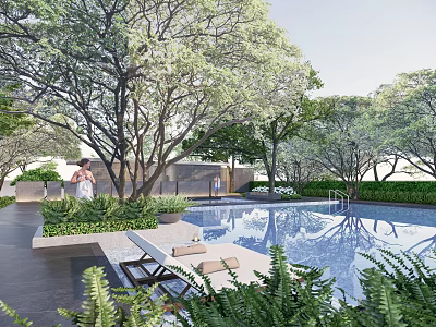 Tranquil Residential Landscape With Swimming Pool Lush Trees Green Plants And Lounge Chairs 3d model