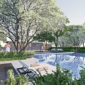 Tranquil Residential Landscape With Swimming Pool Lush Trees Green Plants And Lounge Chairs