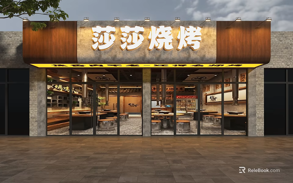 Shasha Barbecue Restaurant Storefront with Illuminated Wooden Signboard Glass Doors and Visible Interior 3d model 
