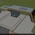 Modern Entrance Gate With Gray Roof Yellow Accent And Green Lawn Paved Square