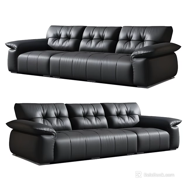 Modern Black Leather Three Seater Sofa With Comfortable Cushioned Armrests 3d model 
