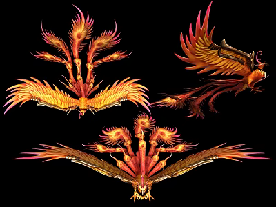 Multiple Mythical Flying Phoenix Birds With Vibrant Flaming Feathers On Black Background 3d model