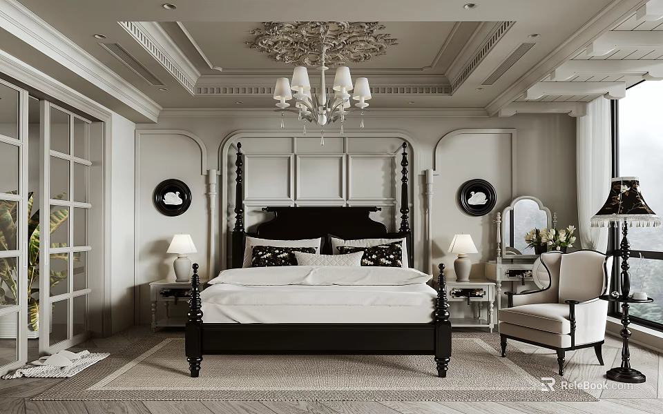 Luxurious Bedroom Decor Featuring Black Four Poster Bed White Sheets Round Wall Decor Chandelier Chair 3d model 