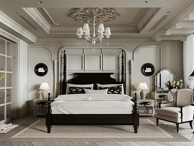 Luxurious Bedroom Decor Featuring Black Four Poster Bed White Sheets Round Wall Decor Chandelier Chair 3d model