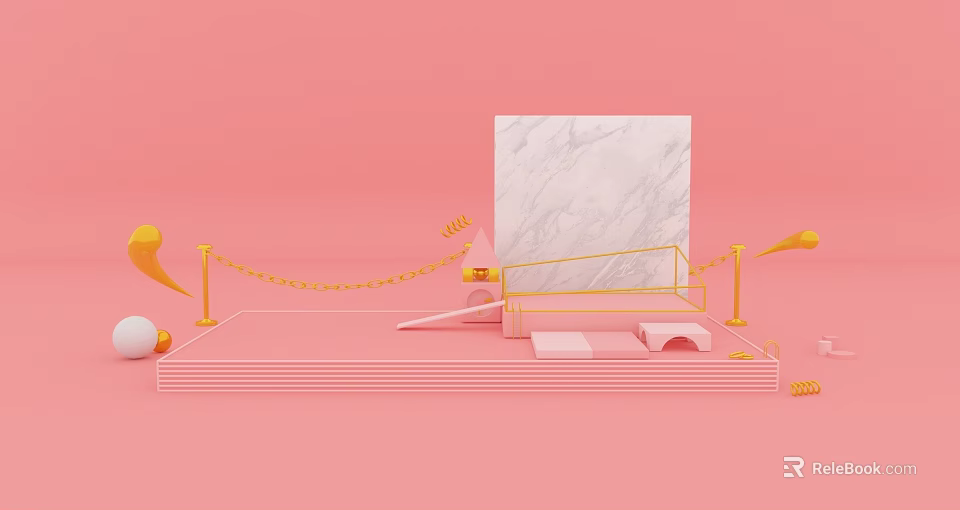Stylish Pink Display Stage Featuring Marble Slab Yellow Chains Railings And Decorative Elements 3d model 