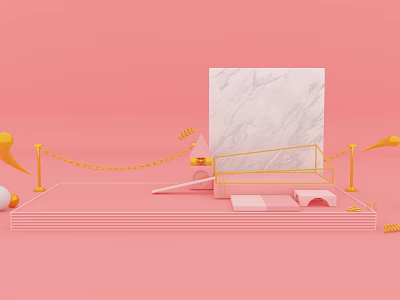 Stylish Pink Display Stage Featuring Marble Slab Yellow Chains Railings And Decorative Elements 3d model