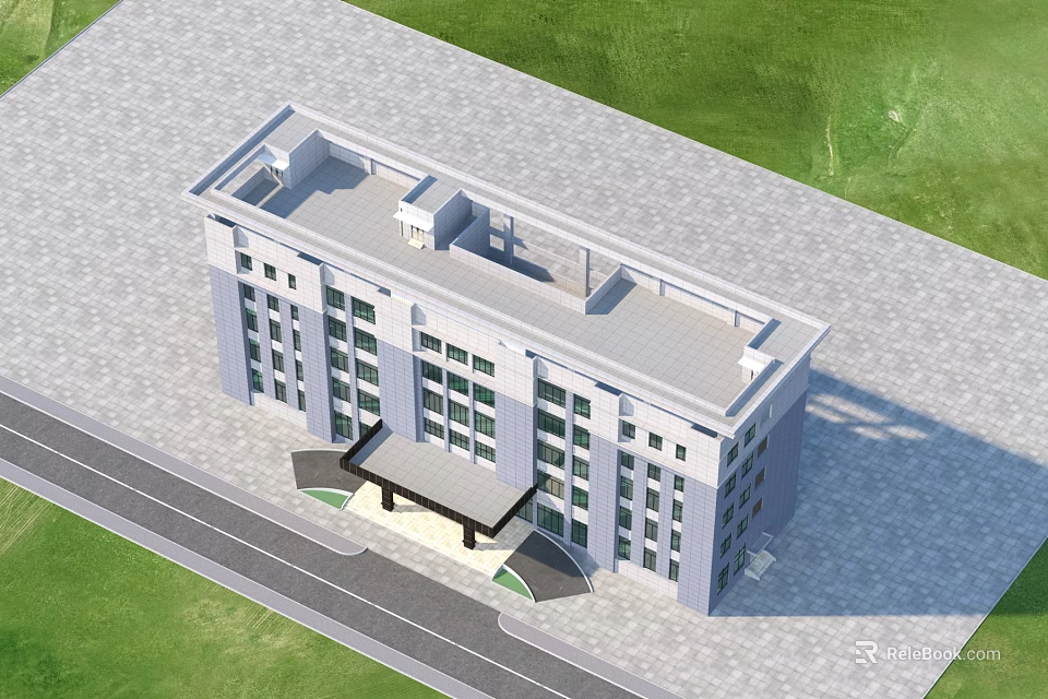 Modern Office Building Exterior With Glass Windows Covered Entrance Paved Area And Green Lawn 3d model 