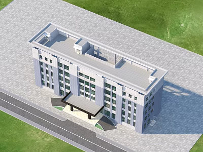 Modern Office Building Exterior With Glass Windows Covered Entrance Paved Area And Green Lawn 3d model
