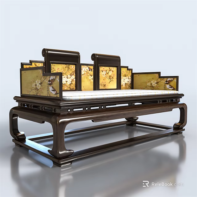 Traditional Chinese Wooden Frame Two-Seater Sofa with Yellow Floral Panels 3d model 