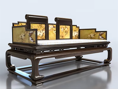 Traditional Chinese Wooden Frame Two-Seater Sofa with Yellow Floral Panels 3d model