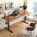Modern Home Office Desk with Wooden Top Metal Legs Laptop Pegboards and City View