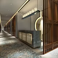 Elevator Hallway Interior Design With Wooden Lattice Patterned Carpet And Stone Reception Counter 3d model