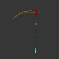 Decorative Scythe Weapon With Red And Black Blade Green Patterned Long Handle And Ornate Design