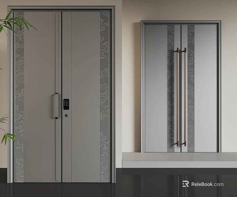 Modern Double Doors With Floral Patterns Electronic Lock And Metal Handles In Dark Light Gray 3d model 