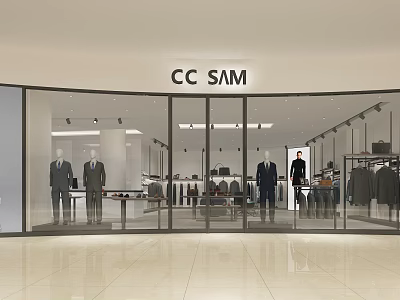 CC SAM Clothing Store Front With Suits Mannequins Hanging Clothes And Display Tables 3d model